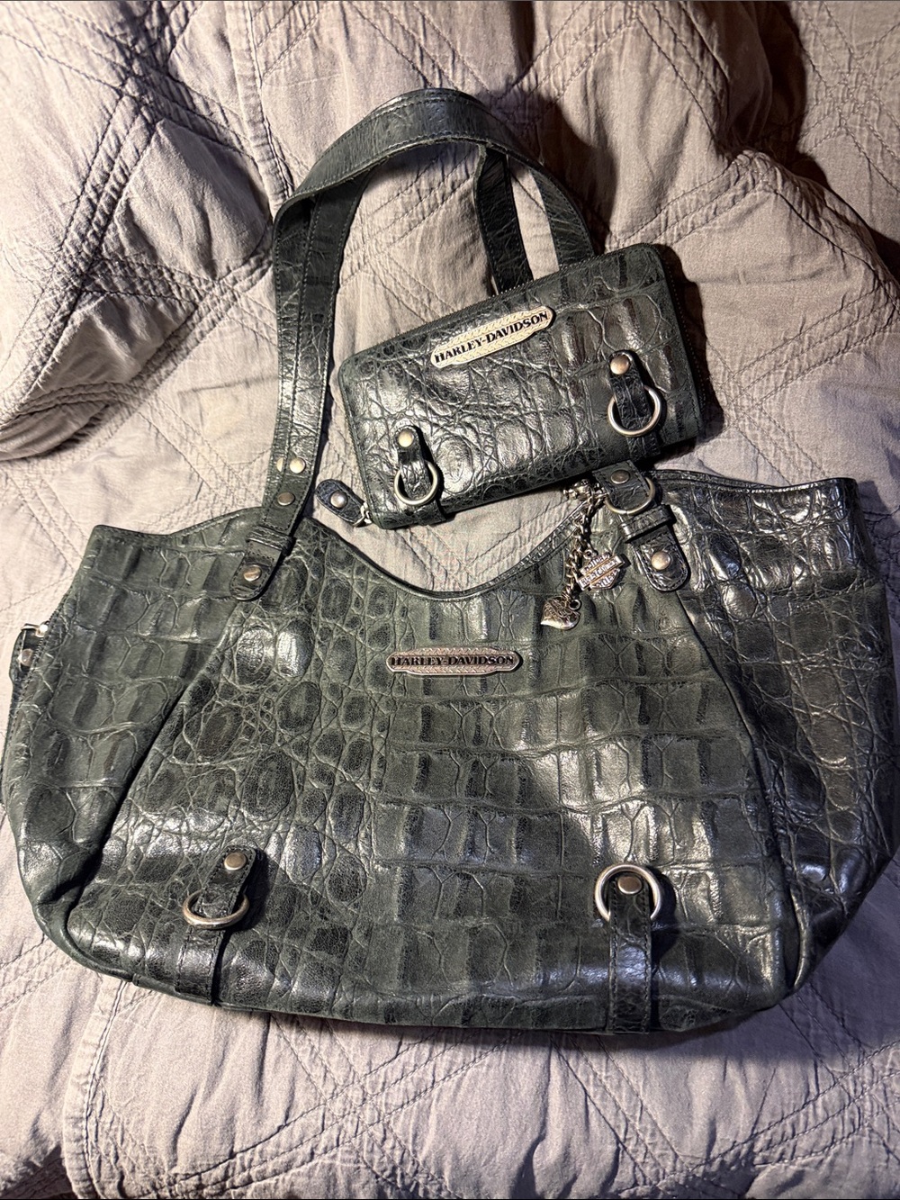 Harley-Davidson Women's Embossed Tote Bag in Dark grey with matching wallet